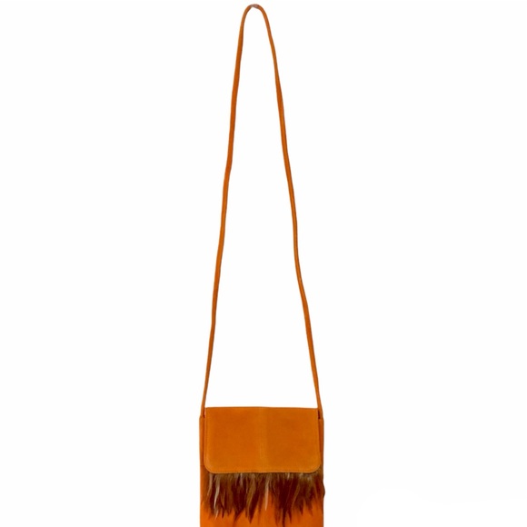 Women’s Orange Suede Purse Crossbody Bag Feather Trim - Picture 3 of 6
